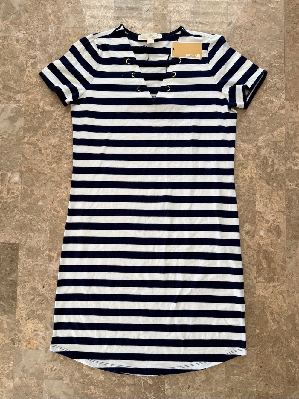 Michael Kors NWT Navy White Striped Lace Up T-Shirt Dress Size XS